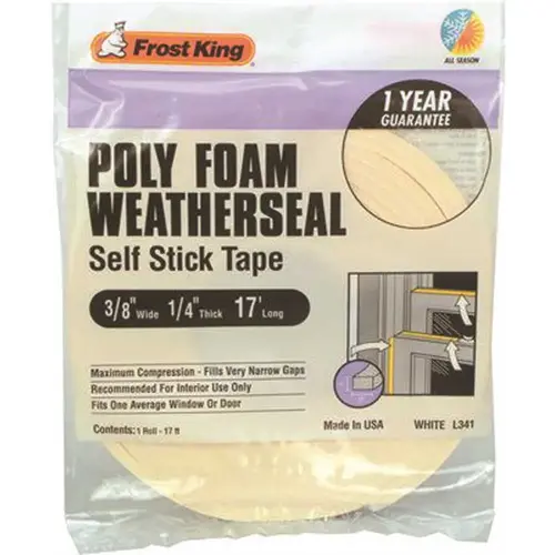 L34IH Foam Tape, 3/8 in W, 17 ft L, 1/4 in Thick, Polyfoam, White