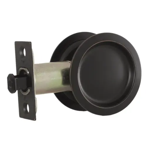 Round Passage Pocket Door Lock with Adjustable Backset and Full Lip Strike Oil Rubbed Bronze Finish Round Passage Pocket Door Lock with Adjustable Backset and Full Lip Strike Oil Rubbed Bronze Finish