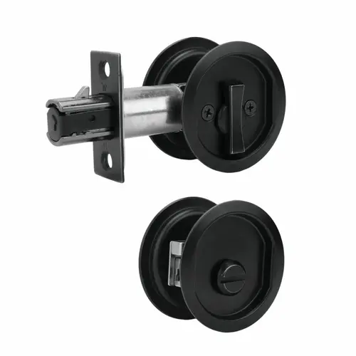 Round Privacy Pocket Door Lock with 2-3/8" Backset and Full Lip Strike Black Finish Round Privacy Pocket Door Lock with 2-3/8" Backset and Full Lip Strike Black Finish