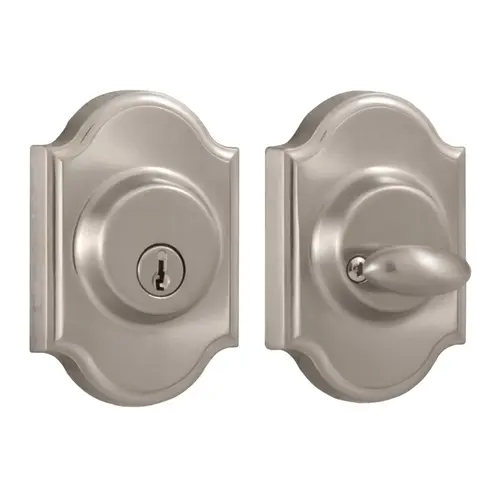 Single Cylinder Premiere Deadbolt with Adjustable Latch and Deadbolt Strike Satin Nickel Finish Single Cylinder Premiere Deadbolt with Adjustable Latch and Deadbolt Strike Satin Nickel Finish