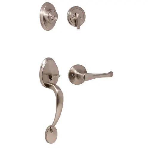 Hillcrest Single Cylinder Handle set with Somerset Trim with Adjustable Latch and Round Corner Strikes Satin Nickel Finish Hillcrest Single Cylinder Handle set with Somerset Trim with Adjustable Latch and Round Corner Strikes Satin Nickel Finish