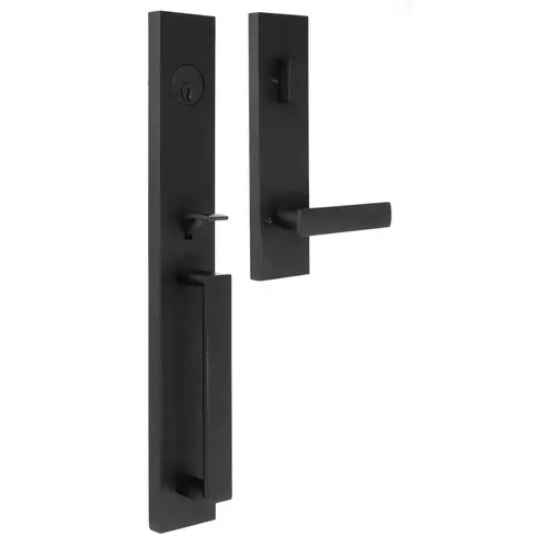 Xanthis Single Cylinder Handle set with Utica Lever Trim with Adjustable Latch and Round and Square Corner Strikes Matte Black Finish Xanthis Single Cylinder Handle set with Utica Lever Trim with Adjustable Latch and Round and Square Corner Strikes Matte Black Finish