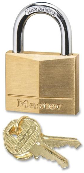 Master Lock 140D Padlock, Keyed Different Key, 1/4 in Dia Shackle, Steel Shackle, Brass Body, 1-9/16 in W Body Metallic