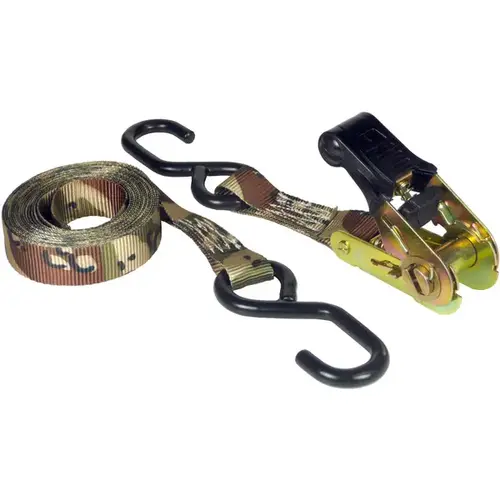 Tie-Down, 1 in W, 12 ft L, Polyester, Camouflage, 500 lb, S-Hook End Fitting Pair Tie-Down, 1 in W, 12 ft L, Polyester, Camouflage, 500 lb, S-Hook End Fitting Pair