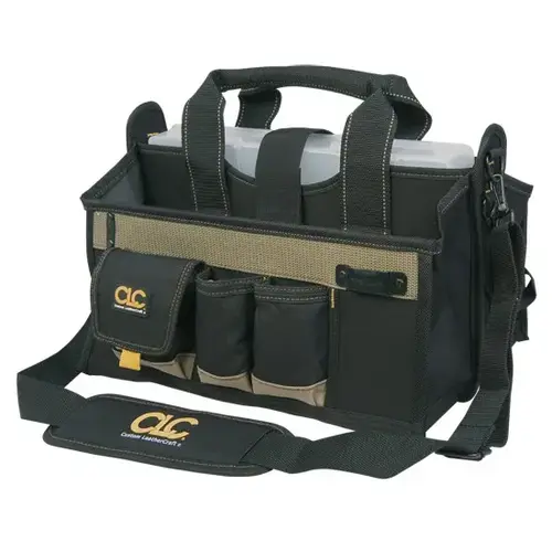 Tool Works Series Center Tray Tool Bag, 9 in W, 9 in D, 16 in H, 17-Pocket, Polyester Black/Tan Tool Works Series Center Tray Tool Bag, 9 in W, 9 in D, 16 in H, 17-Pocket, Polyester Black/Tan