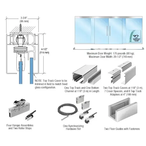 50 Series Bi-Parting with Two Fixed Panels Synchronized Ceiling Mount Kit Satin Anodized