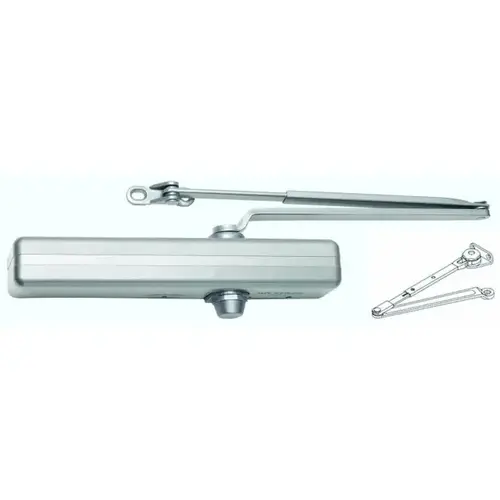 Right Hand Parallel Arm Adjustable Surface Mounted Hold Open Plated Door Closer with Thru Bolts Satin Chrome Finish Right Hand Parallel Arm Adjustable Surface Mounted Hold Open Plated Door Closer with Thru Bolts Satin Chrome Finish