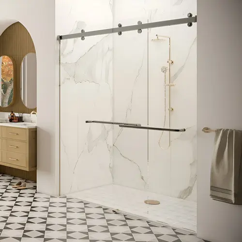 Cambridge Series Two Door Bypass Sliding Shower Door System, Stainless Steel Material, 73" Opening Width, Brushed Stainless Steel Finish