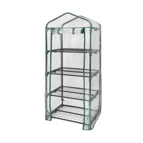 Mini Greenhouse, Steel Frame, 4 Mesh Shelves, Clear Cover, 23 x 17 x 57 In. High