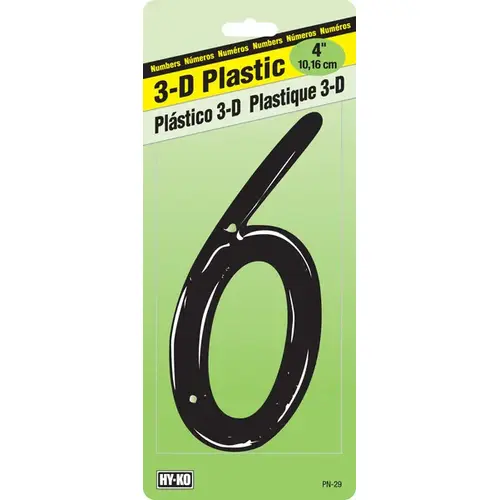 House Number, Character: 6, 4 in H Character, Black Character, Plastic