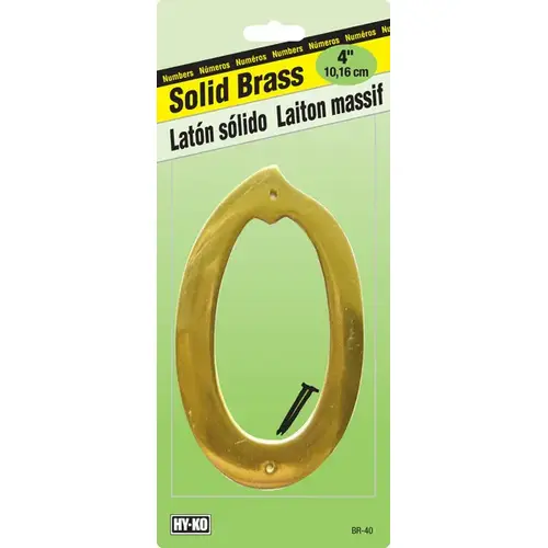 House Number, Character: 0, 4 in H Character, 2-1/2 in W Character, Brass Character, Solid Brass