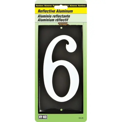 House Number, Character: 6, 3-1/2 in H Character, White Character, Black Background, Aluminum House Number, Character: 6, 3-1/2 in H Character, White Character, Black Background, Aluminum