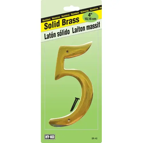 House Number, Character: 5, 4 in H Character, 2-1/2 in W Character, Brass Character, Solid Brass