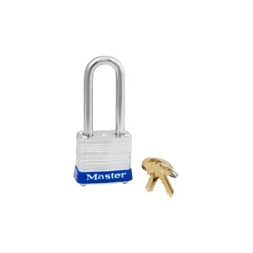 No. 7 Laminated Steel Padlock, 3/16 in dia, 1/2 in W x 1-1/2 in H Shackle, Silver/Blue, Keyed Alike, Keyed P150
