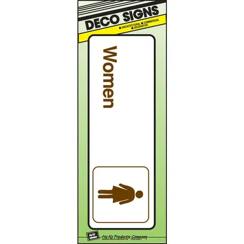Graphic Sign, Rectangular, WOMEN, Dark Brown Legend, White Background, Plastic, 3 in W x 9 in H Dimensions Graphic Sign, Rectangular, WOMEN, Dark Brown Legend, White Background, Plastic, 3 in W x 9 in H Dimensions