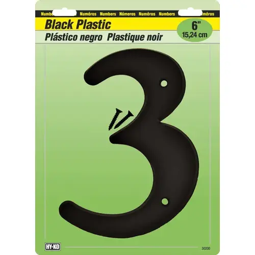 30200 Series House Number, Character: 3, 6 in H Character, Black Character, Plastic 30200 Series House Number, Character: 3, 6 in H Character, Black Character, Plastic