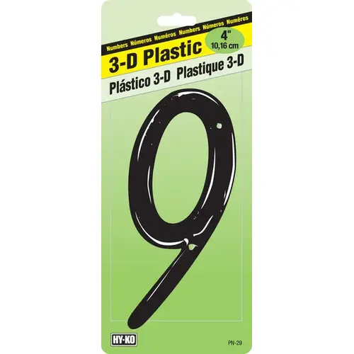 House Number, Character: 9, 4 in H Character, Black Character, Plastic