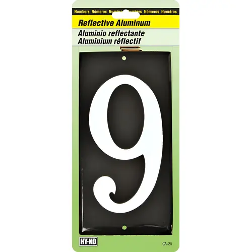 Number 3-1/2" Reflective White Aluminum Nail-On 9, Aluminum Material, Nail-On Mounting, White Font Color, Black Background Color