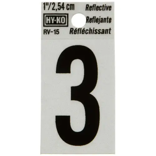 Reflective Sign, Character: 3, 1 in H Character, Black Character, Silver Background, Vinyl - pack of 10
