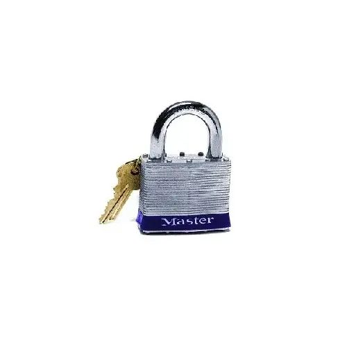 No. 5 Laminated Steel Padlock, 3/8 in dia x 15/16 in W x 1 in H Shackle, Silver/Gray, Keyed Alike, Keyed A112 No. 5 Laminated Steel Padlock, 3/8 in dia x 15/16 in W x 1 in H Shackle, Silver/Gray, Keyed Alike, Keyed A112