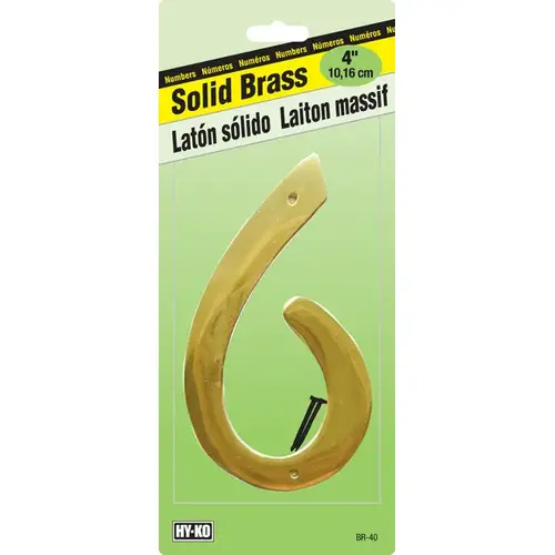 House Number, Character: 6, 4 in H Character, 2-1/2 in W Character, Brass Character, Brass