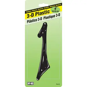 Hy-Ko PN-29/1 House Number, Character: 1, 4 in H Character, Black Character, Plastic