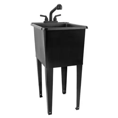 Black Utility Space-Saving Narrow Utility Sink kit with Black 16-Gallon tub, Black pull-out faucet and black legs