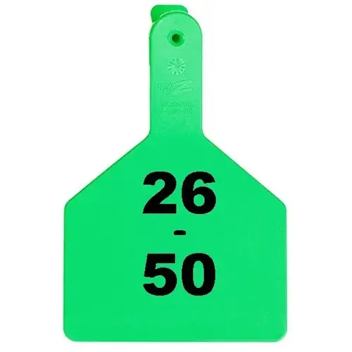 Z Tags 1-PC Pre-Numbered Laser Print Cow Tags, Numbers from 26 - 50, Green