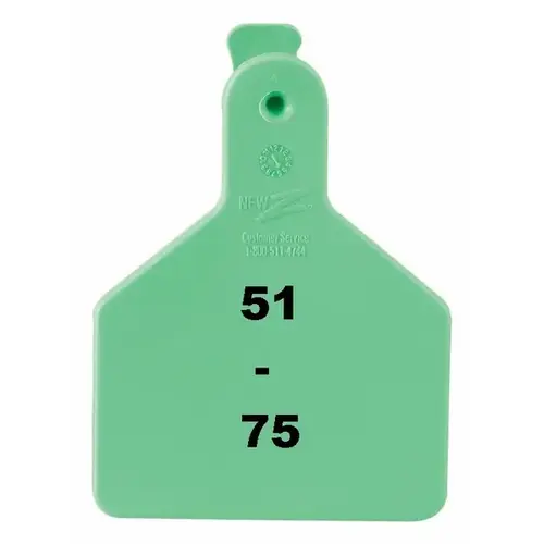 Z Tags 1-PC Pre-Numbered Laser Print Calf Tags, Numbers from 51 - 75, Green