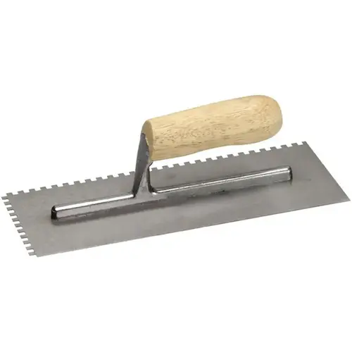 11" X 4-1/2" V Notched Trowel with Curved Wood Handle 1/4" X 3/16" 11" X 4-1/2" V Notched Trowel with Curved Wood Handle 1/4" X 3/16"