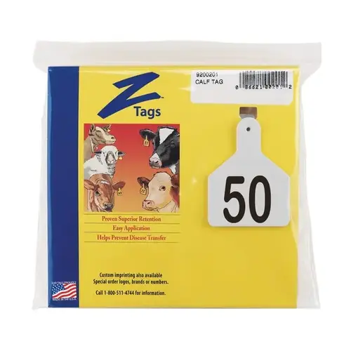 Z Tags 1-PC Pre-Numbered Laser Print Calf Tags, Numbers from 26 - 50, White Z Tags 1-PC Pre-Numbered Laser Print Calf Tags, Numbers from 26 - 50, White