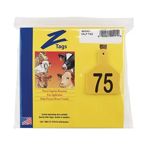 Z Tags 1-PC Pre-Numbered Laser Print Calf Tags, Numbers 51 - 75, Yellow Z Tags 1-PC Pre-Numbered Laser Print Calf Tags, Numbers 51 - 75, Yellow