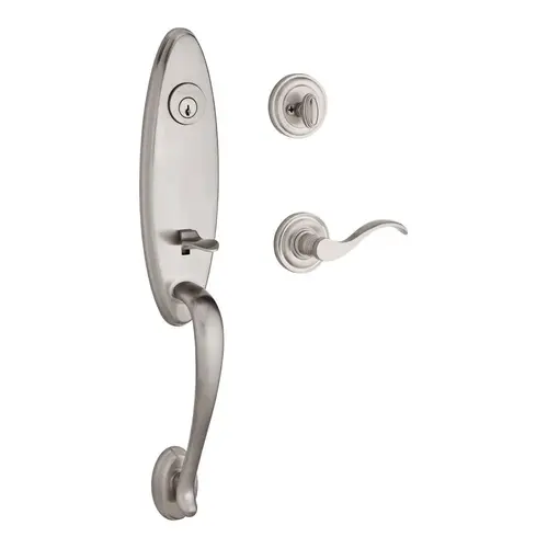 Single Cylinder Chesapeake Handleset Left Hand Curve Lever and Traditional Round Rose with 6AL Latch and Dual Strike Satin Nickel Finish Single Cylinder Chesapeake Handleset Left Hand Curve Lever and Traditional Round Rose with 6AL Latch and Dual Strike Satin Nickel Finish