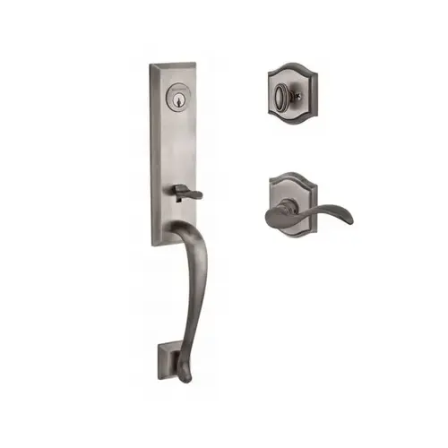 Single Cylinder Del Mar Handleset Right Hand Curve Lever and Traditional Arch Rose with 6AL Latch and Dual Strike Matte Antique Nickel Finish Single Cylinder Del Mar Handleset Right Hand Curve Lever and Traditional Arch Rose with 6AL Latch and Dual Strike Matte Antique Nickel Finish