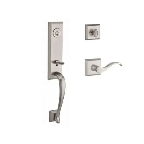 Single Cylinder Del Mar Handleset Right Hand Curve Lever and Traditional Square Rose with 6AL Latch and Dual Strike Satin Nickel Finish Single Cylinder Del Mar Handleset Right Hand Curve Lever and Traditional Square Rose with 6AL Latch and Dual Strike Satin Nickel Finish