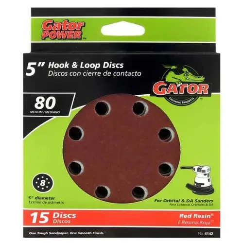 Sanding Disc, 5 in Dia, 80 Grit, Medium, Aluminum Oxide Abrasive, Vented Red - pack of 15