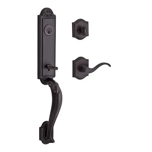 Single Cylinder Elizabeth Handleset Left Hand Curve Lever and Traditional Arch Rose with 6AL Latch and Dual Strike Venetian Bronze Finish Single Cylinder Elizabeth Handleset Left Hand Curve Lever and Traditional Arch Rose with 6AL Latch and Dual Strike Venetian Bronze Finish