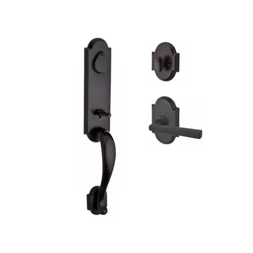 Single Cylinder Kodiak Handleset Right Hand Taper Lever and Rustic Arch Rose with 6AL Latch and Dual Strike Dark Bronze Finish Single Cylinder Kodiak Handleset Right Hand Taper Lever and Rustic Arch Rose with 6AL Latch and Dual Strike Dark Bronze Finish