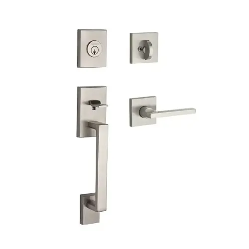 Single Cylinder La Jolla Handleset Square Lever Contemporary Square Rose with 6AL Latch and Dual Strike Satin Nickel Finish Single Cylinder La Jolla Handleset Square Lever Contemporary Square Rose with 6AL Latch and Dual Strike Satin Nickel Finish