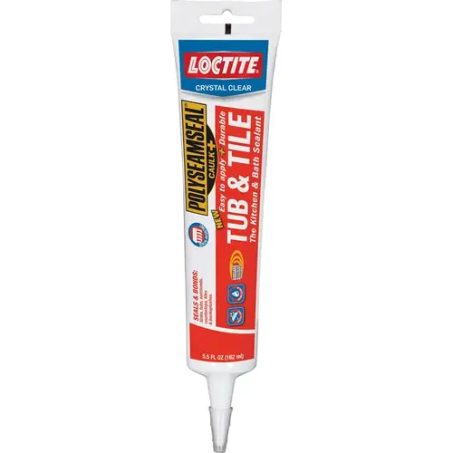 2-In-1 Tub and Tile Adhesive Caulk, Clear, 1 to 14 days Curing, 20 to 170 deg F, 5.5 oz Squeeze Tube 2-In-1 Tub and Tile Adhesive Caulk, Clear, 1 to 14 days Curing, 20 to 170 deg F, 5.5 oz Squeeze Tube