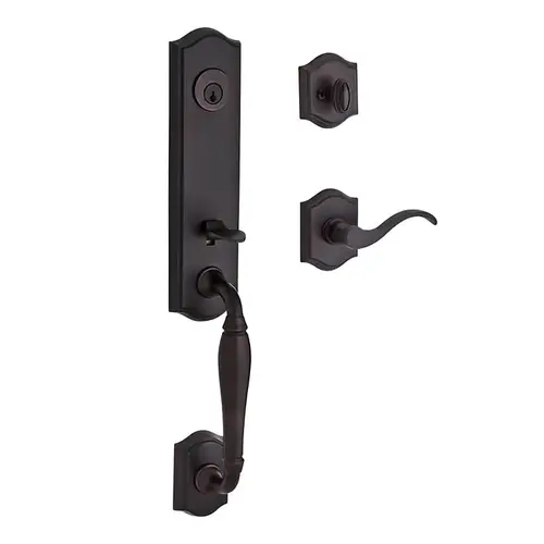 Single Cylinder New Hampshire Handleset Left Hand Curve Lever and Traditional Arch Rose with 6AL Latch and Dual Strike Venetian Bronze Finish Single Cylinder New Hampshire Handleset Left Hand Curve Lever and Traditional Arch Rose with 6AL Latch and Dual Strike Venetian Bronze Finish