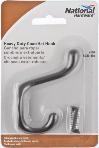 National Hardware N330-886 V166 Coat and Hat Hook, 75 lb, Zinc, Oil-Rubbed Bronze