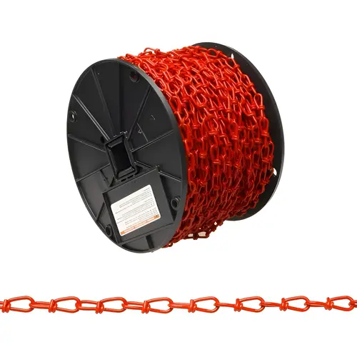 Loop Chain, Low Carbon Steel Material, No.3 Trade Size, 150 Ft Length, 90 Lb Working Load, Red Polycoated Finish, Double Loop Construction Loop Chain, Low Carbon Steel Material, No.3 Trade Size, 150 Ft Length, 90 Lb Working Load, Red Polycoated Finish, Double Loop Construction