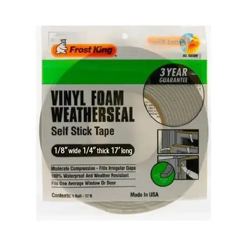 Foam Weatherseal Tape, 1/4 in W, 17 ft L, 1/8 in Thick, Vinyl, Gray