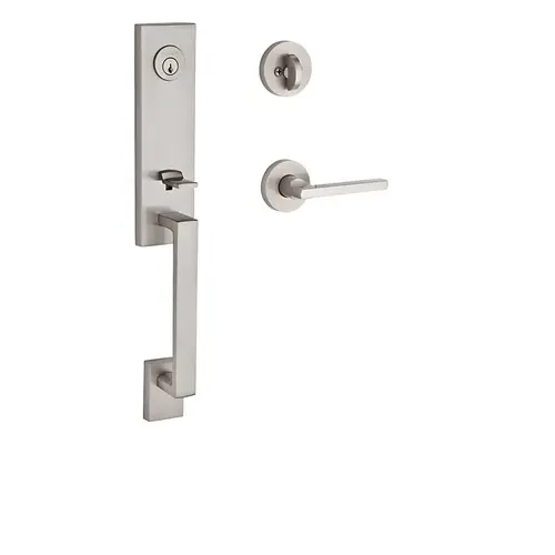 Single Cylinder Seattle Handleset Left Hand Square Lever and Contemporary Round Rose with 6AL Latch and Dual Strike Satin Nickel Finish Single Cylinder Seattle Handleset Left Hand Square Lever and Contemporary Round Rose with 6AL Latch and Dual Strike Satin Nickel Finish