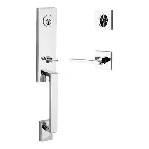 Single Cylinder Seattle Handleset Left Hand Square Lever and Contemporary Square Rose with 6AL Latch and Dual Strike Bright Chrome Finish Single Cylinder Seattle Handleset Left Hand Square Lever and Contemporary Square Rose with 6AL Latch and Dual Strike Bright Chrome Finish