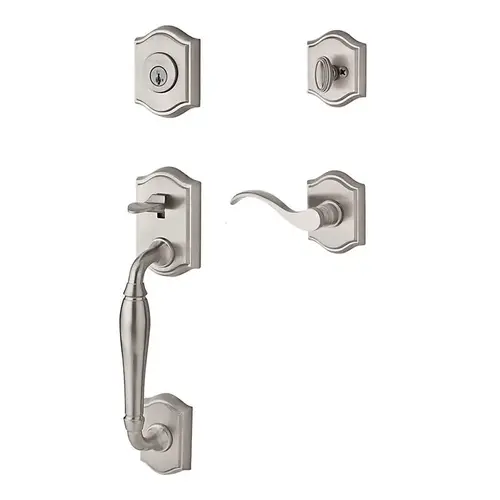 Single Cylinder Westcliff Handleset Right Hand Curve Lever and Traditional Arch Rose with 6AL Latch and Dual Strike Satin Nickel Finish Single Cylinder Westcliff Handleset Right Hand Curve Lever and Traditional Arch Rose with 6AL Latch and Dual Strike Satin Nickel Finish