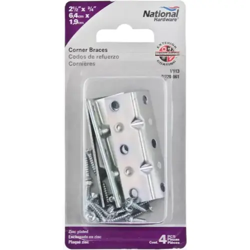 V113 Series Corner Brace, 2-1/2 in L, 3/4 in W, 3/4 in H, Steel, Zinc, 0.04 Thick Material - pack of 4 V113 Series Corner Brace, 2-1/2 in L, 3/4 in W, 3/4 in H, Steel, Zinc, 0.04 Thick Material - pack of 4