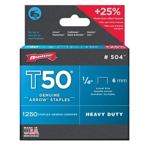 T50 Series Flat Crown Staple, 3/8 in W Crown, 1/4 in L Leg Gray - pack of 1250 T50 Series Flat Crown Staple, 3/8 in W Crown, 1/4 in L Leg Gray - pack of 1250