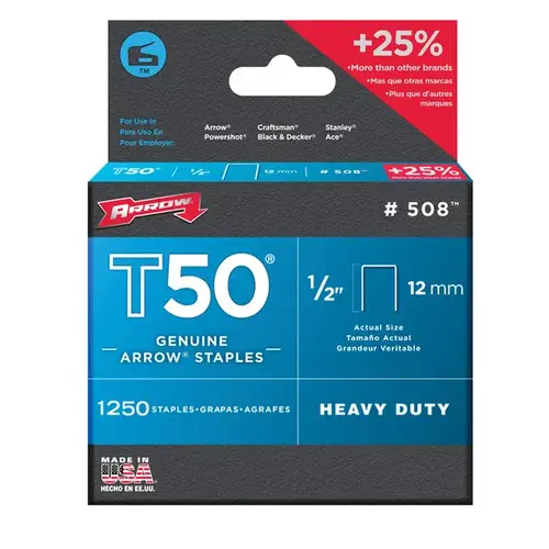 T50 Series Flat Crown Staple, 3/8 in W Crown, 1/2 in L Leg Gray - pack of 1250